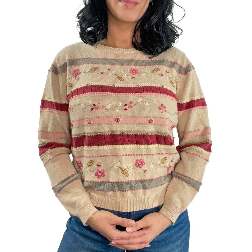 Alfred Dunner 90s Vintage Grandmacore Sweater Floral Beaded Knit Striped Medium